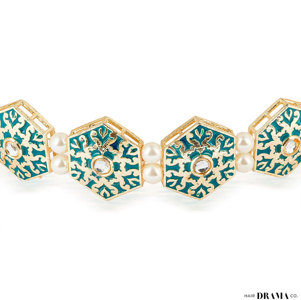 Emerald Gold Plated Hair Band with White Pearls