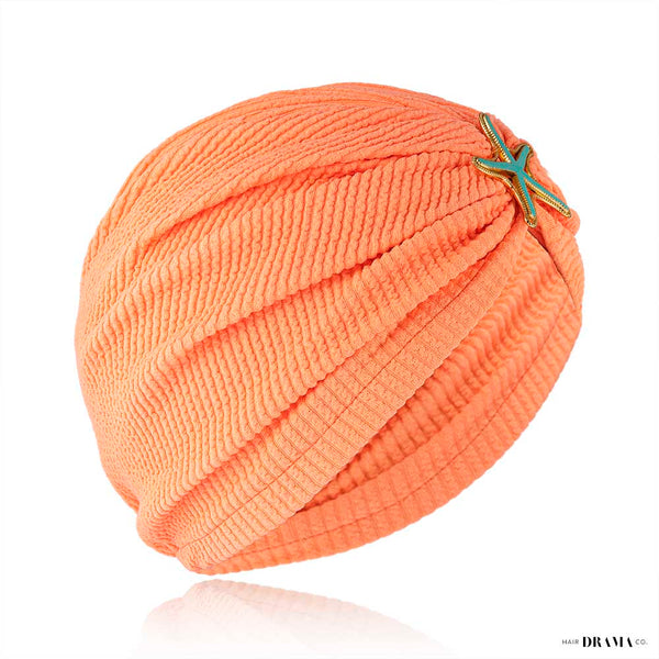 Neon Orange Ribbed Turban with Starfish Metal Broach