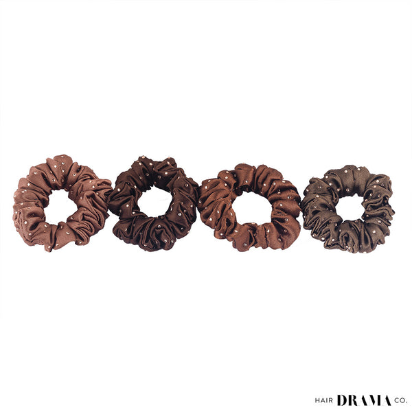 Luxury Scrunchies Set of 4 with Free Pouch - Brown Crystal Gift Set