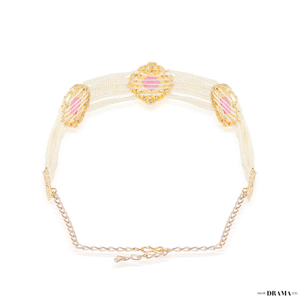 Gold Plated Hair Band with White Polki, Pearls and Enamel in Pink