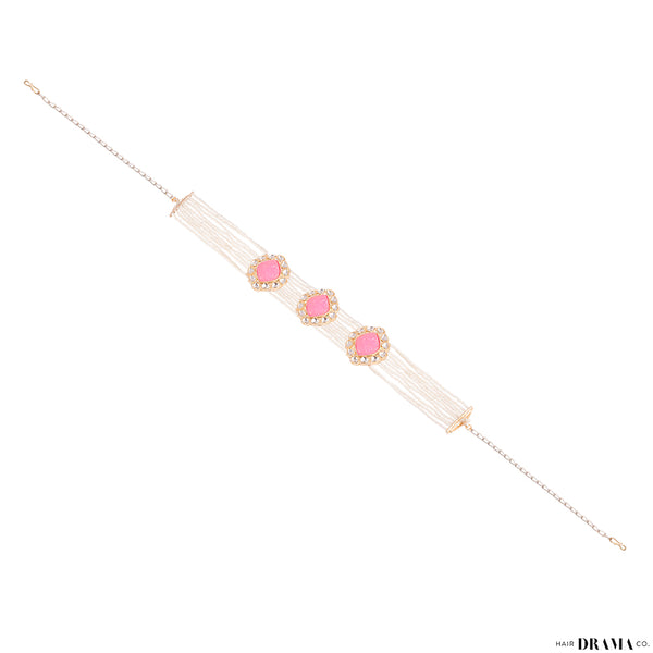 Gold Plated Hair Band with White Polki, Pearls and Enamel in Pink