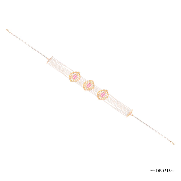 Gold Plated Hair Band with White Polki, Pearls and Enamel in Pink