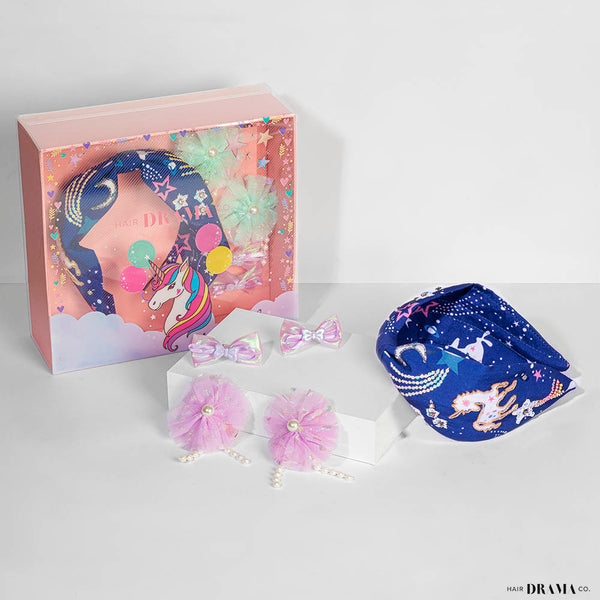 Blue Unicorn Gift Box with 1 Hair Band, 2 Hair Pins & 2 Hair Ties