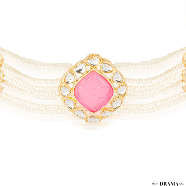 Gold Plated Hair Band with White Polki, Pearls and Enamel in Pink