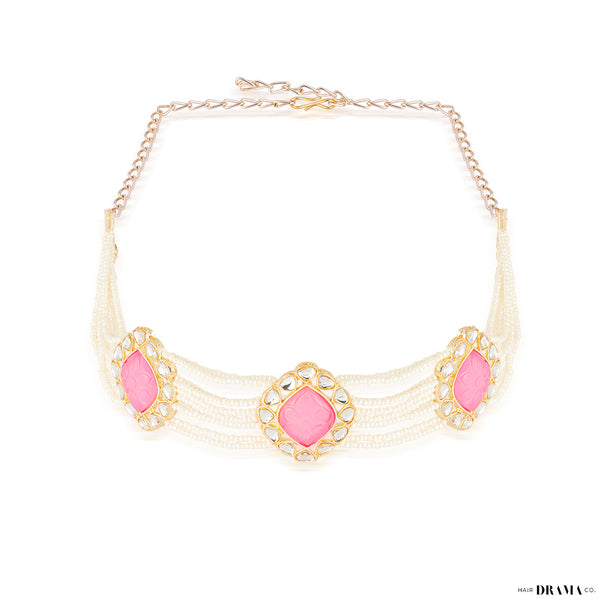 Gold Plated Hair Band with White Polki, Pearls and Enamel in Pink