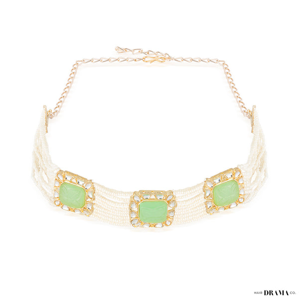 Gold Plated Hair Band with White Polki, Pearls and Enamel in Light Green