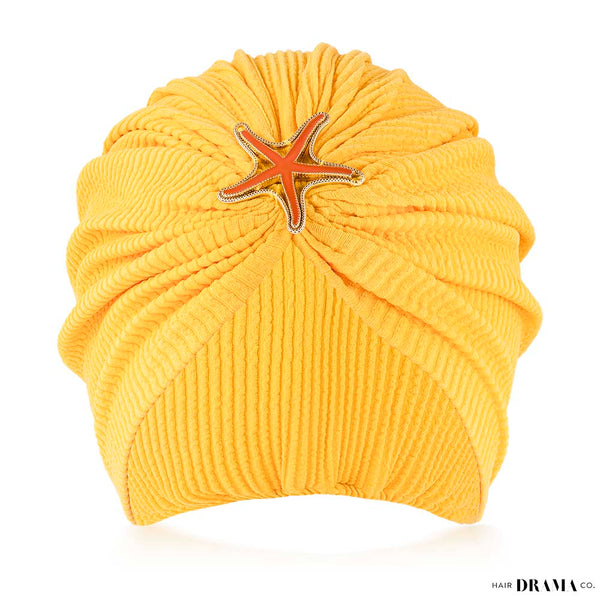 Yellow Ribbed Turban with Starfish Metal Broach