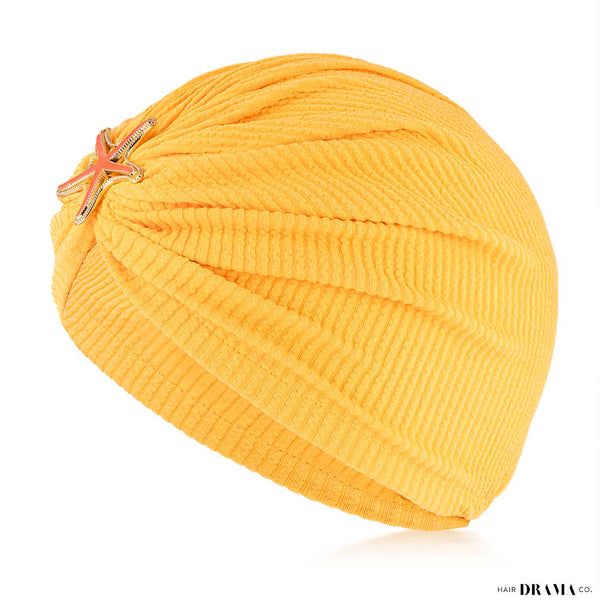 Yellow Ribbed Turban with Starfish Metal Broach