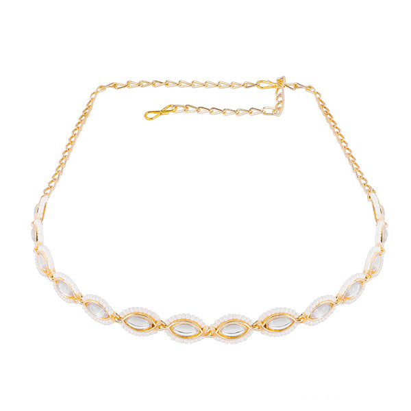 Gold-Plated Kundan, Polki and Pearls Studded Almond-shaped Head Chain
