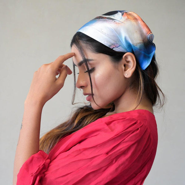 Abstract Headscarf Headband with elastic - Blue
