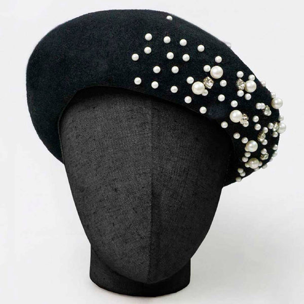 Black Beret with Pearls & Crystals