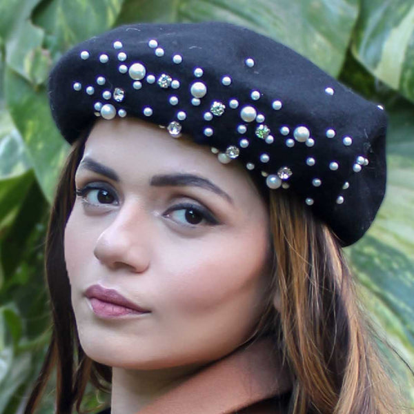 Black Beret with Pearls & Crystals
