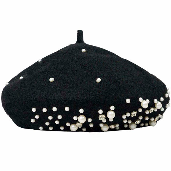Black Beret with Pearls & Crystals