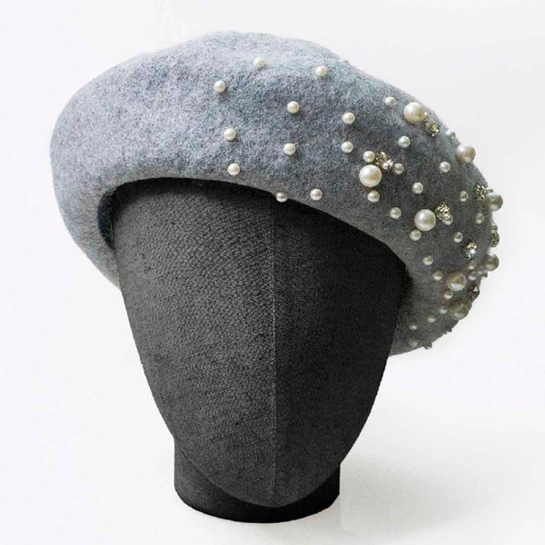 Grey Beret with Pearls & Crystals