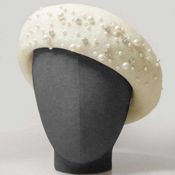 White Beret with Pearls & Crystals