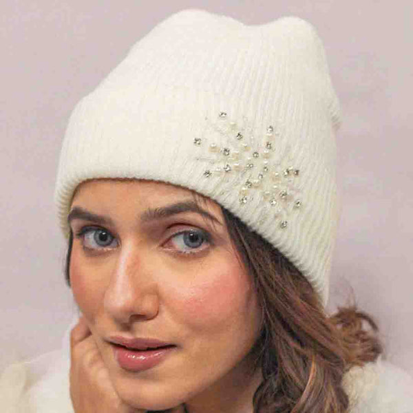White Beanie with Pearls & Crystals