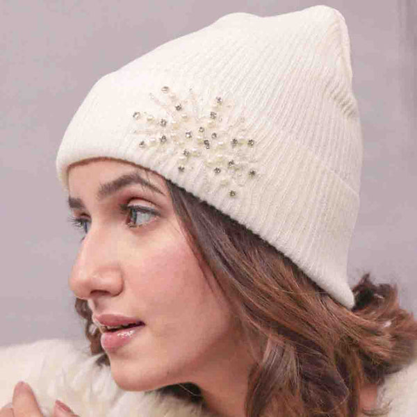 White Beanie with Pearls & Crystals