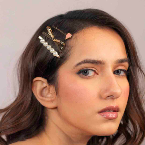 Heart & Bow Hair Pins - Set of 3 - Pink