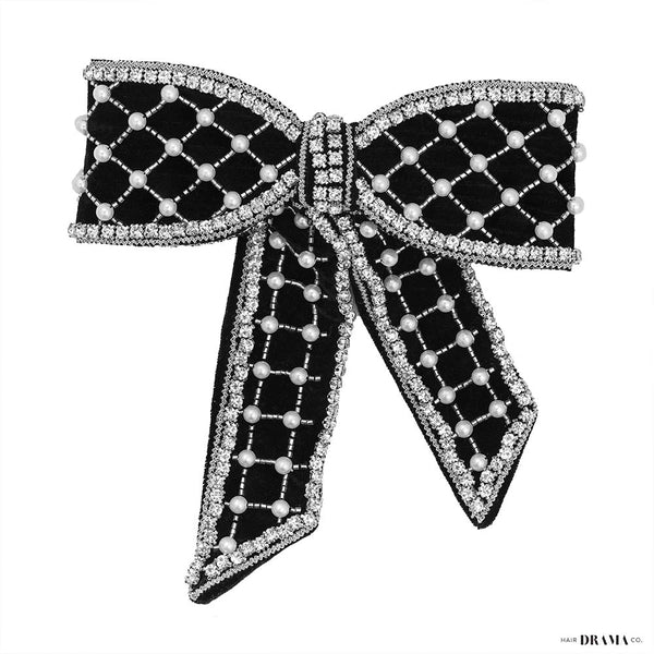 Embellished Velvet Hair Bow Barrette Clip - Black