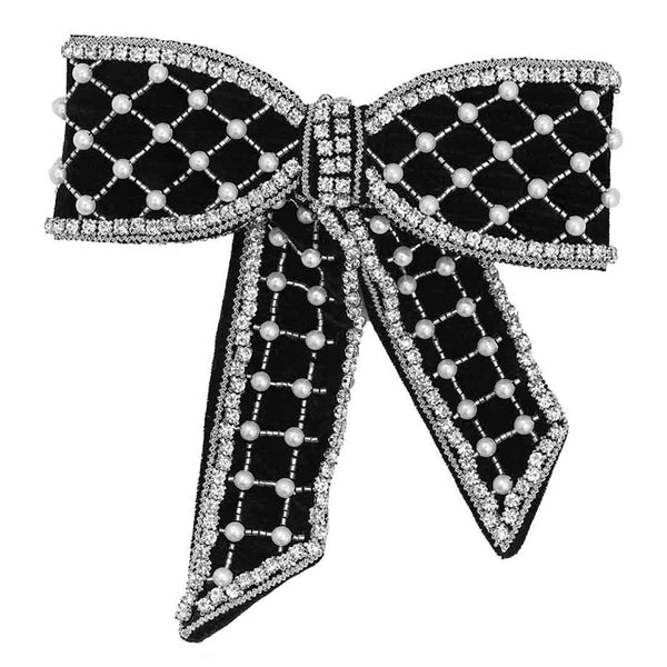Embellished Velvet Hair Bow Barrette Clip - Black