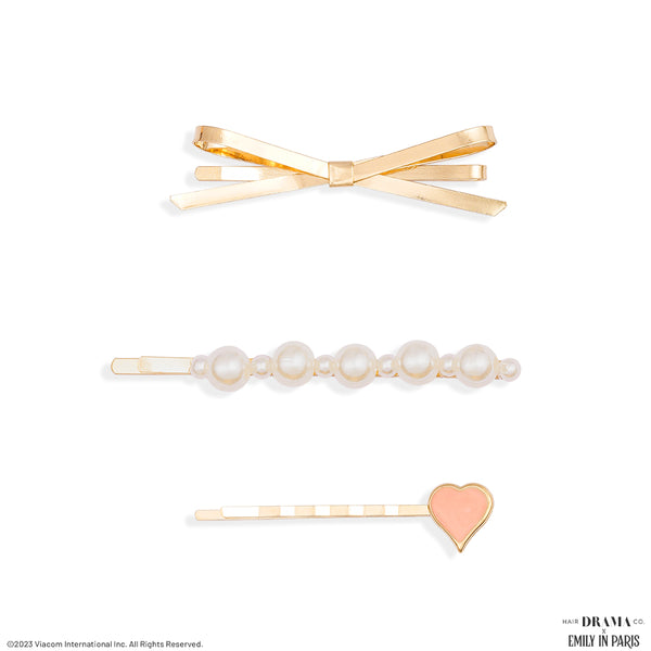 HDC X Emily In Paris Heart & Bow Hair Pins - Set of 3 - Pink