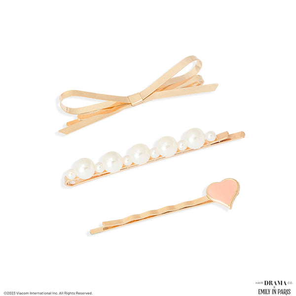 HDC X Emily In Paris Heart & Bow Hair Pins - Set of 3 - Pink
