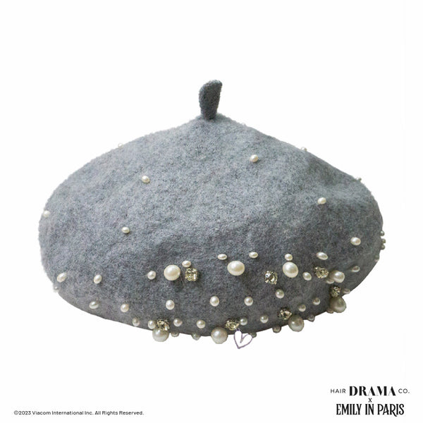 HDC X Emily In Paris Grey Beret with Pearls, Crystals & Heart Charm