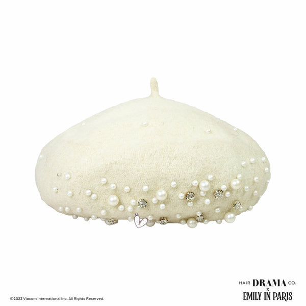 HDC X Emily In Paris White Beret with Pearls, Crystals & Heart Charm