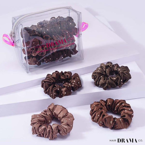 Luxury Scrunchies Set of 4 with Free Pouch - Brown Crystal Gift Set