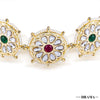 Gold Plated Floral Hair Band with White Polki and Colorful Stones - Red & Green