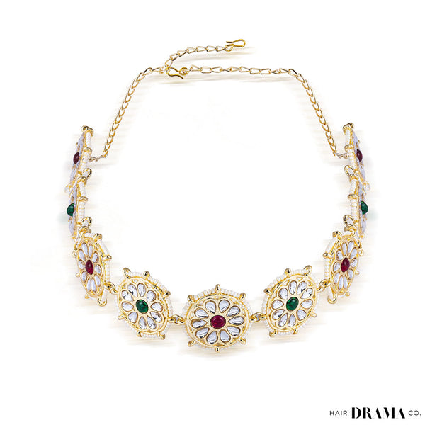 Gold Plated Floral Hair Band with White Polki and Colorful Stones - Red & Green