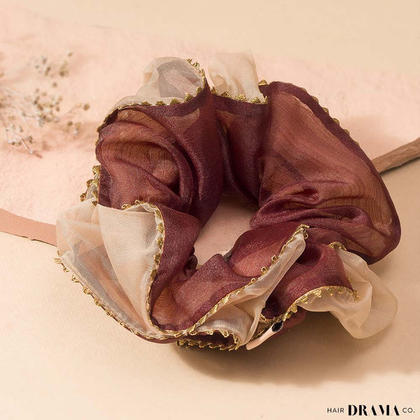 Oversized Dual color Organza Scrunchy with Gota Patti - Red & Beige