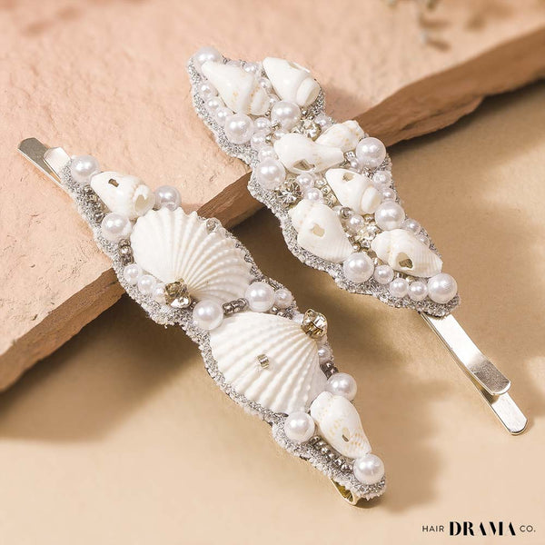 Shell & Pearl Embellished Hair Pins - Set of 2 - Silver