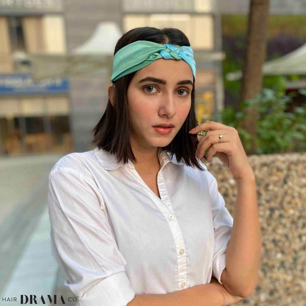 Silk Satin Braided Stretch Headband- Set of 2 - Sea Green & Blue