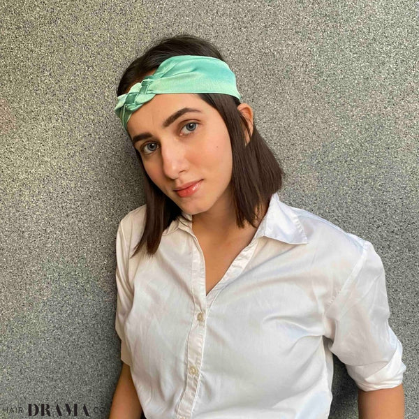 Silk Satin Braided Stretch Headband- Set of 2 - Sea Green & Blue