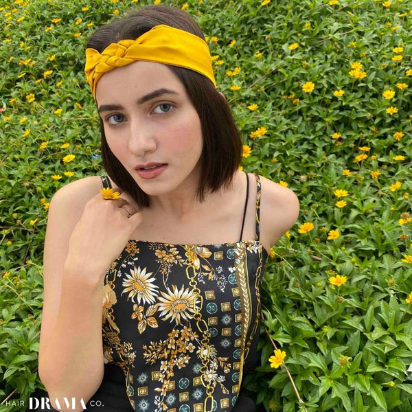 Silk Satin Braided Stretch Headband - Set of 2 - Mustard & Gold