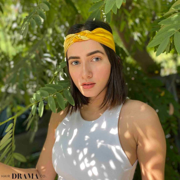 Silk Satin Braided Stretch Headband - Set of 2 - Mustard & Gold