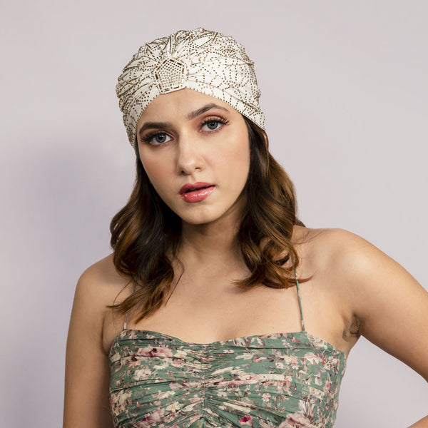 Off - White Turban - Golden Crystals