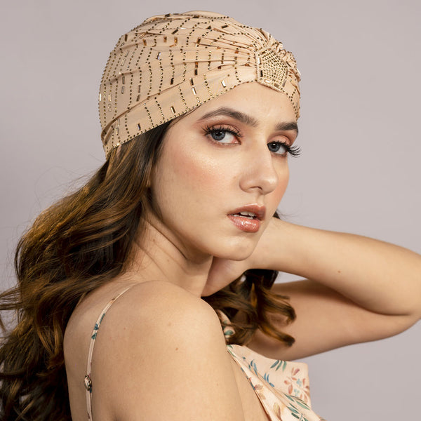 Beige Turban - Golden Crystals