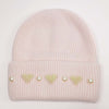 Ribbed Wool Beanie with Pearls & Heart Embellishments - Light Pink