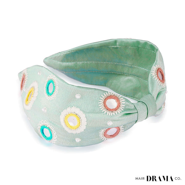 Mirrorwork Knotted Headband - Mint Green