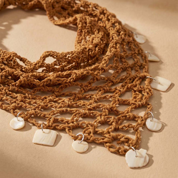 Bohemian Crochet Headscarf with Shell Charms - Brown -Small