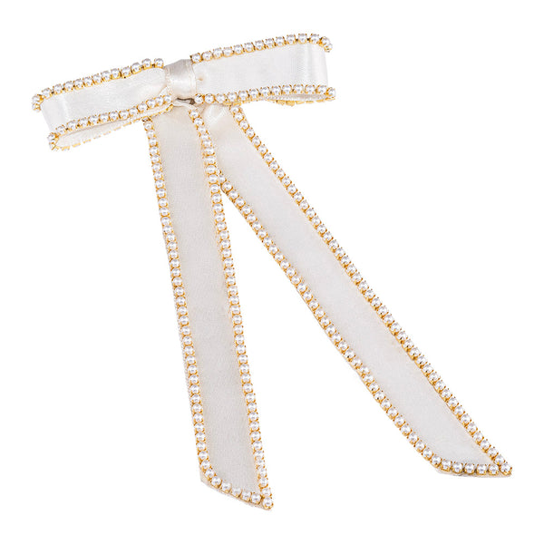 Satin Ribbon Pearl Hair Bow - Off-White