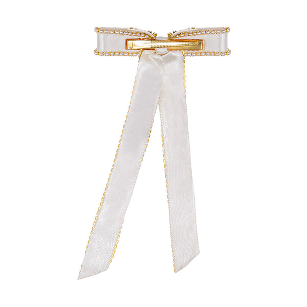 Satin Ribbon Pearl Hair Bow - Off-White
