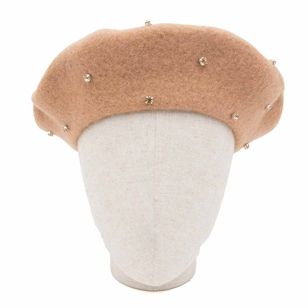 Hair Drama Company Tan French Beret With Tone On Tone Crystals Embellishment
