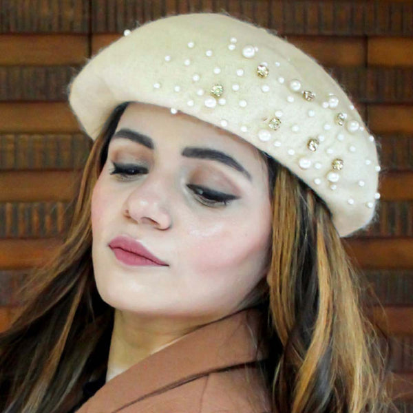 White Beret with Pearls & Crystals