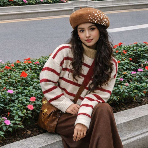 Beret with Pearls & Crystals - Tan