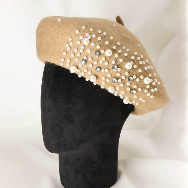 Beret with Pearls & Crystals - Tan