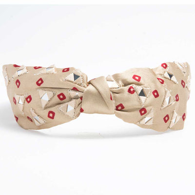 Bandhini with Mirror Work Knotted Headband-Beige