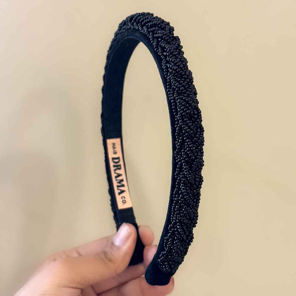 Sleek Headband With Bead Embellishment- Black